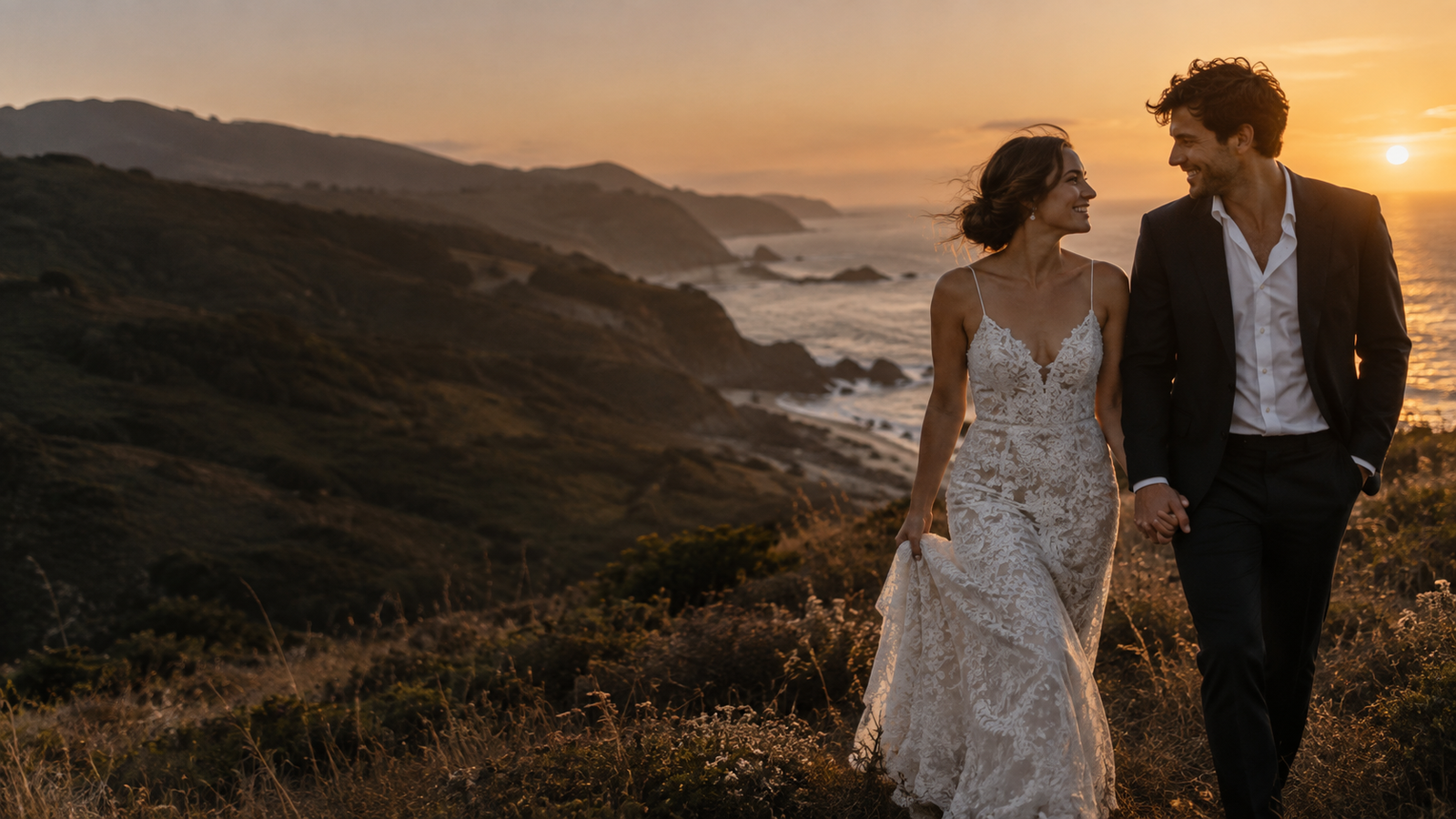 Imagen ilustrativa: novios caminando por la costa al atardecer